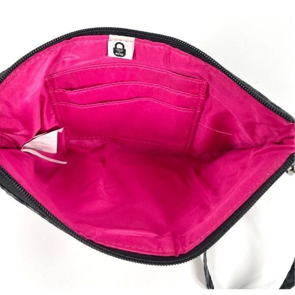 Baggallini Black Multi Leopard Print Nylon Card Wristlet RFID Unused New - Picture 2 of 3